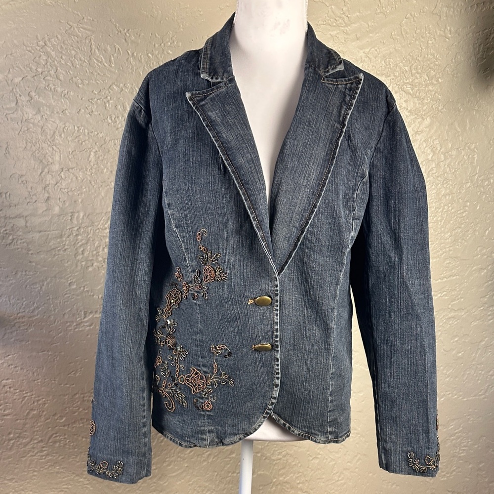 Casual Corner Dark Blue Embroidered Beaded Jean Jacket 12